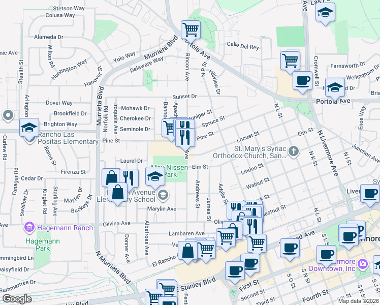 map of restaurants, bars, coffee shops, grocery stores, and more near 1024 Locust Street in Livermore