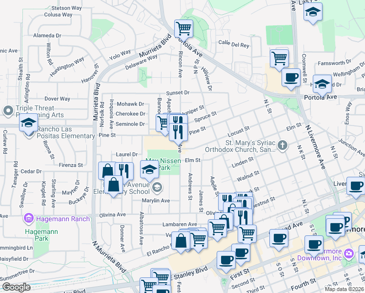 map of restaurants, bars, coffee shops, grocery stores, and more near 1024 Locust Street in Livermore