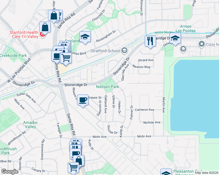 map of restaurants, bars, coffee shops, grocery stores, and more near 3755 Stoneridge Drive in Pleasanton
