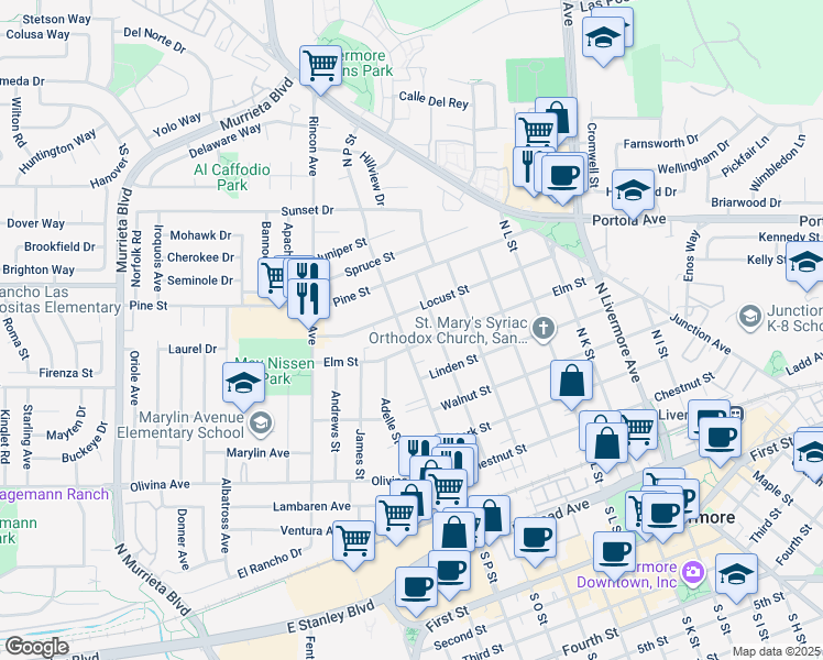 map of restaurants, bars, coffee shops, grocery stores, and more near in Livermore