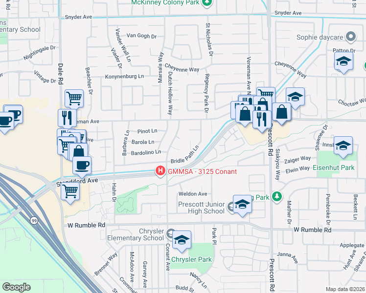 map of restaurants, bars, coffee shops, grocery stores, and more near 2405 Chianti Circle in Modesto