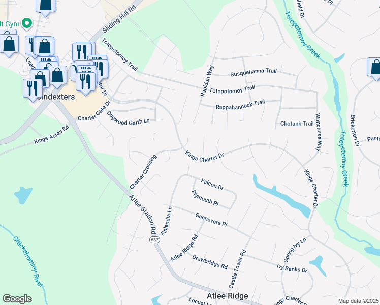 map of restaurants, bars, coffee shops, grocery stores, and more near 9380 Kings Charter Drive in Mechanicsville