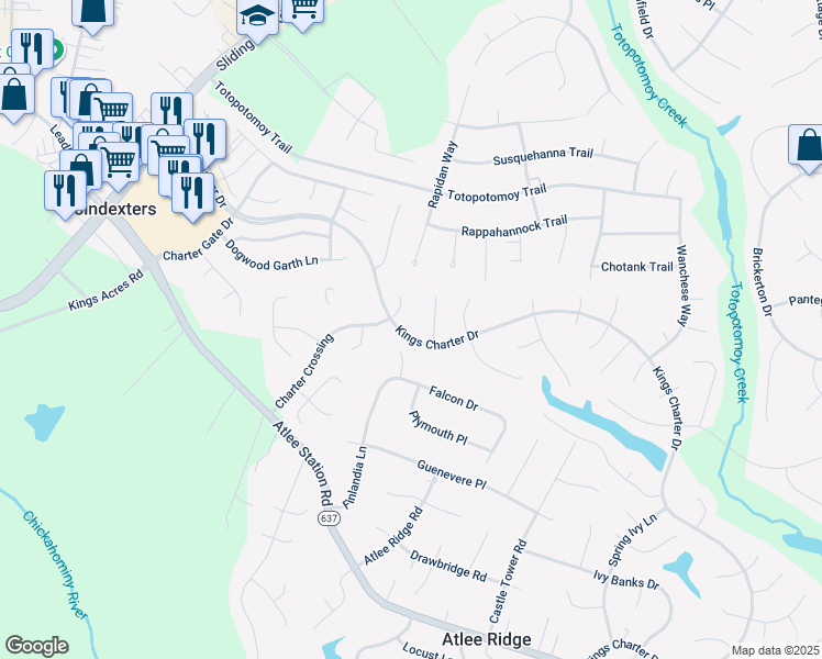 map of restaurants, bars, coffee shops, grocery stores, and more near 9380 Kings Charter Drive in Mechanicsville
