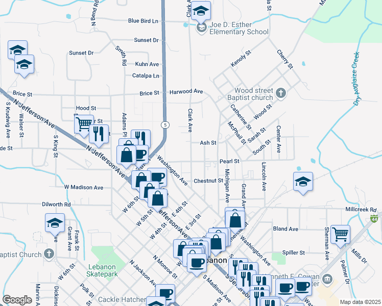 map of restaurants, bars, coffee shops, grocery stores, and more near 444 Clark Avenue in Lebanon