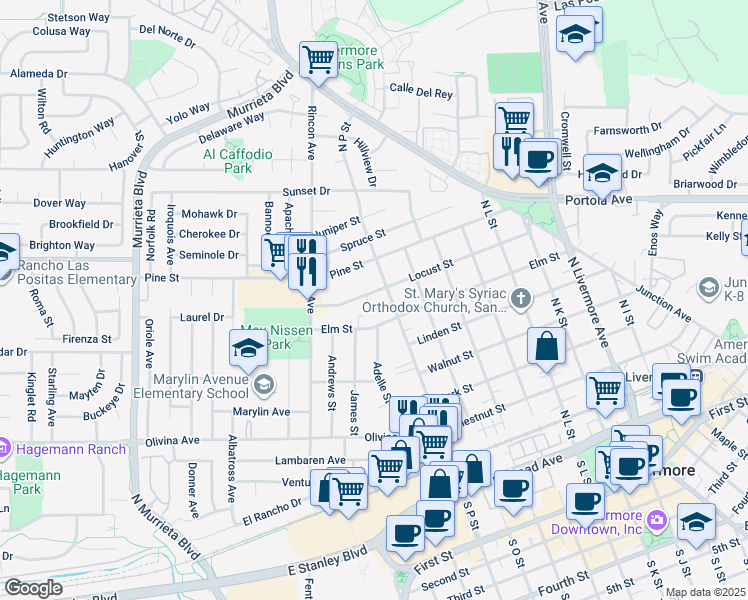 map of restaurants, bars, coffee shops, grocery stores, and more near 1525 Locust Street in Livermore