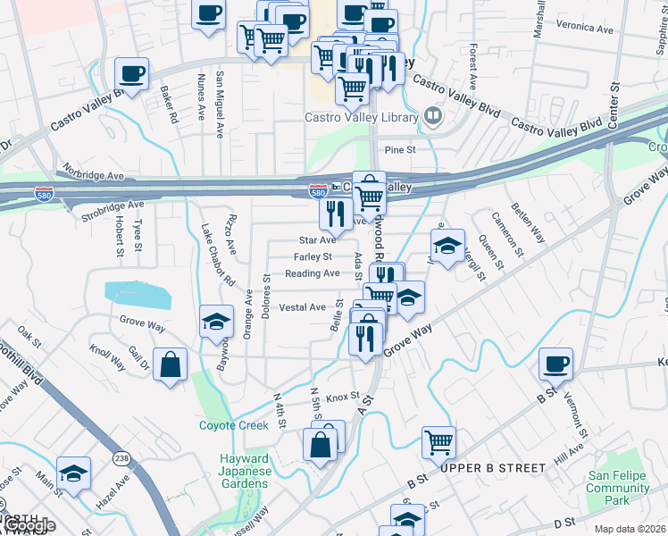 map of restaurants, bars, coffee shops, grocery stores, and more near 2334 Reading Avenue in Castro Valley