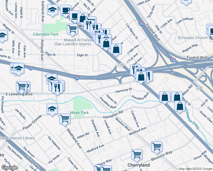 map of restaurants, bars, coffee shops, grocery stores, and more near 780 East Lewelling Boulevard in Hayward