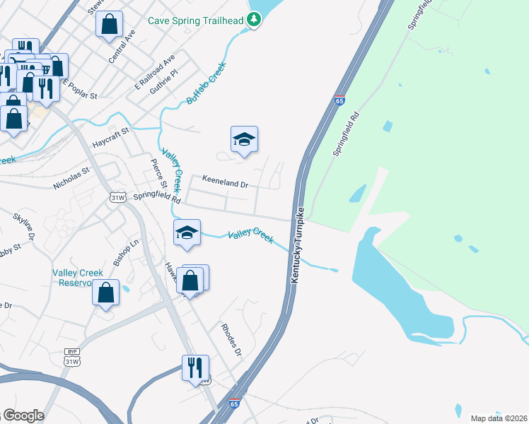 map of restaurants, bars, coffee shops, grocery stores, and more near 464 Springfield Road in Elizabethtown