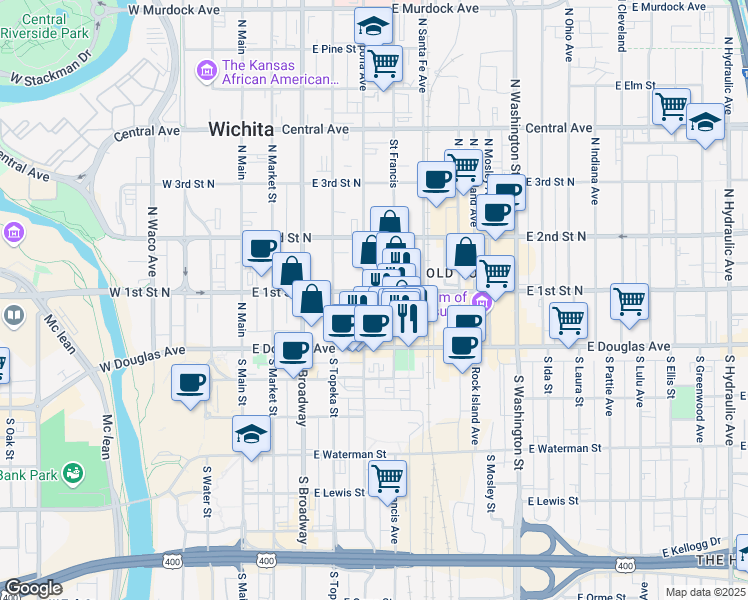 map of restaurants, bars, coffee shops, grocery stores, and more near 156 North Emporia Avenue in Wichita