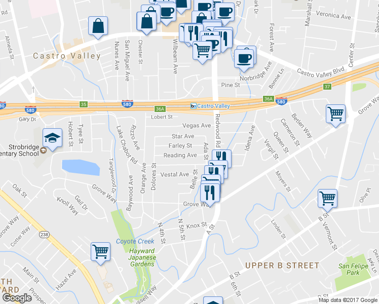 map of restaurants, bars, coffee shops, grocery stores, and more near 2334 Reading Avenue in Castro Valley
