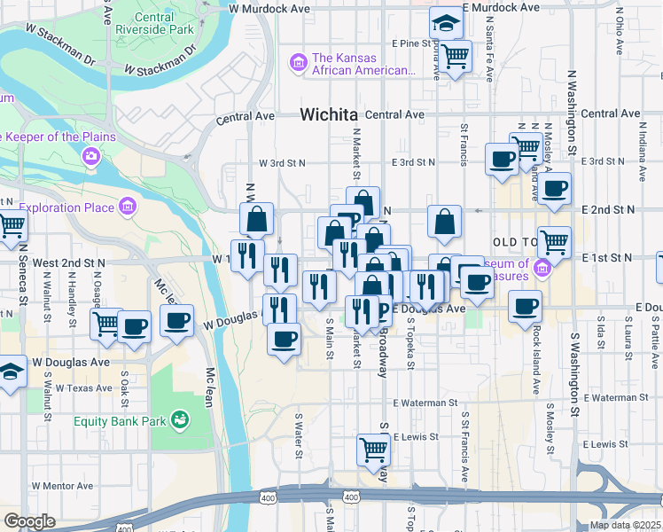 map of restaurants, bars, coffee shops, grocery stores, and more near 140 North Main Street in Wichita