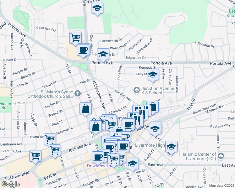 map of restaurants, bars, coffee shops, grocery stores, and more near 441 Junction Avenue in Livermore