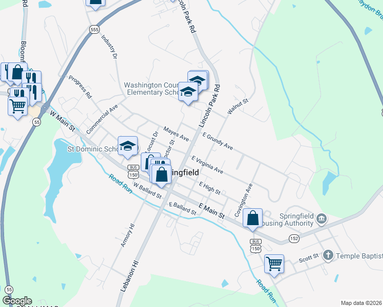 map of restaurants, bars, coffee shops, grocery stores, and more near 101 East Virginia Avenue in Springfield