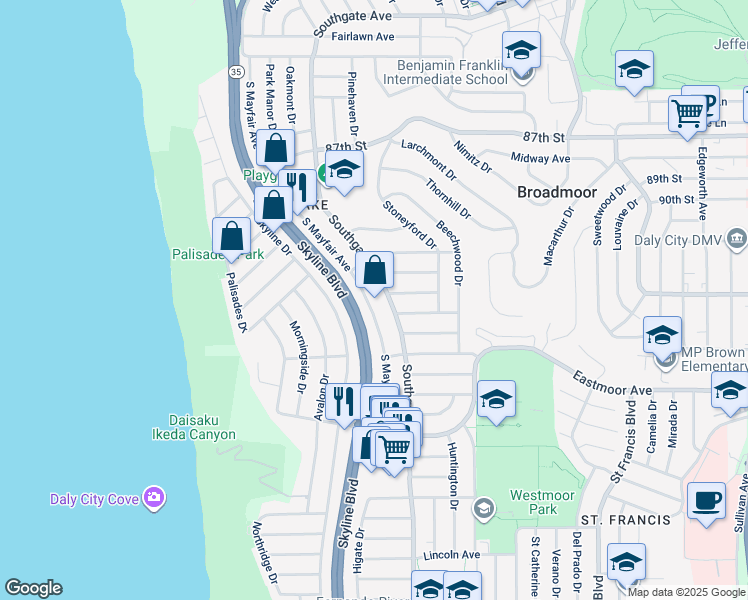 map of restaurants, bars, coffee shops, grocery stores, and more near 1343 South Mayfair Avenue in Daly City