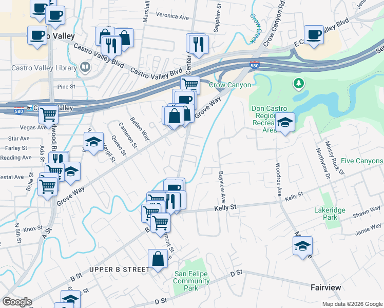 map of restaurants, bars, coffee shops, grocery stores, and more near 22240 Center Street in Castro Valley