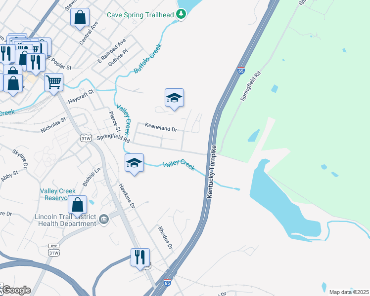 map of restaurants, bars, coffee shops, grocery stores, and more near 462 Springfield Road in Elizabethtown