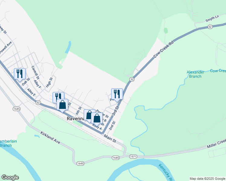 map of restaurants, bars, coffee shops, grocery stores, and more near 402 Daniels Addition Street in Ravenna
