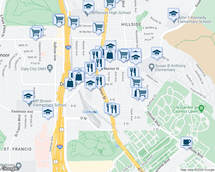 map of restaurants, bars, coffee shops, grocery stores, and more near 90 Valley Street in Daly City