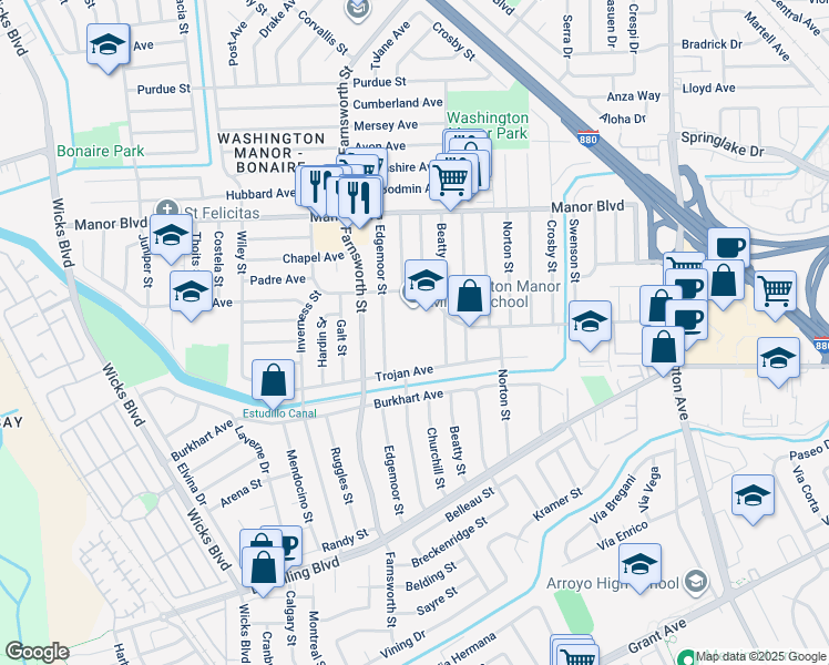 map of restaurants, bars, coffee shops, grocery stores, and more near 1170 Fargo Avenue in San Leandro