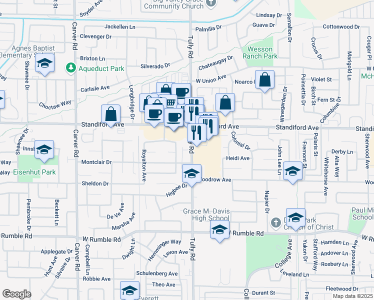 map of restaurants, bars, coffee shops, grocery stores, and more near 37 Tully Road in Modesto