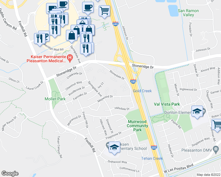 map of restaurants, bars, coffee shops, grocery stores, and more near 5174 Oakdale Court in Pleasanton