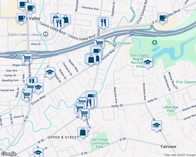 map of restaurants, bars, coffee shops, grocery stores, and more near 22240 Center Street in Castro Valley
