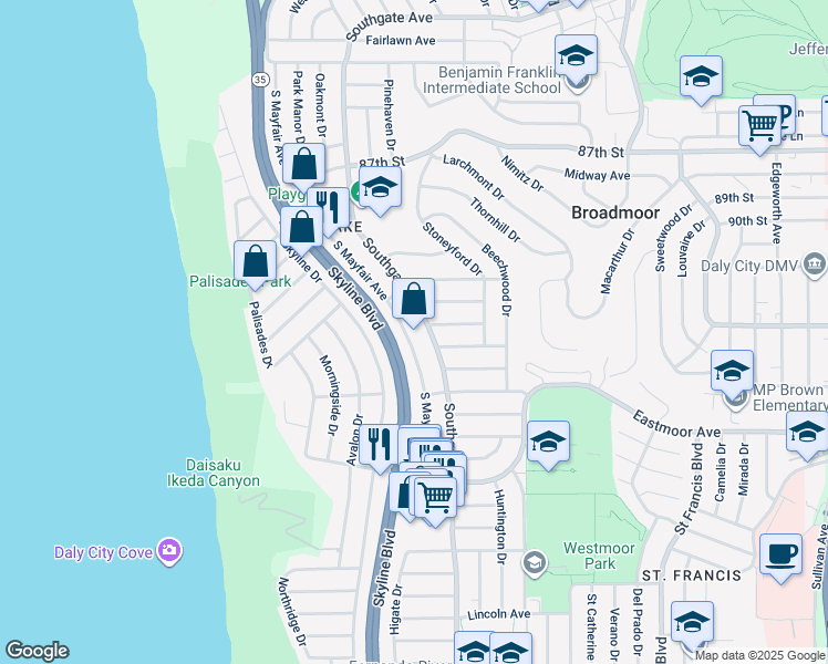 map of restaurants, bars, coffee shops, grocery stores, and more near 1343 South Mayfair Avenue in Daly City