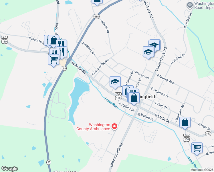 map of restaurants, bars, coffee shops, grocery stores, and more near 355-399 U.S. 150 Business in Springfield