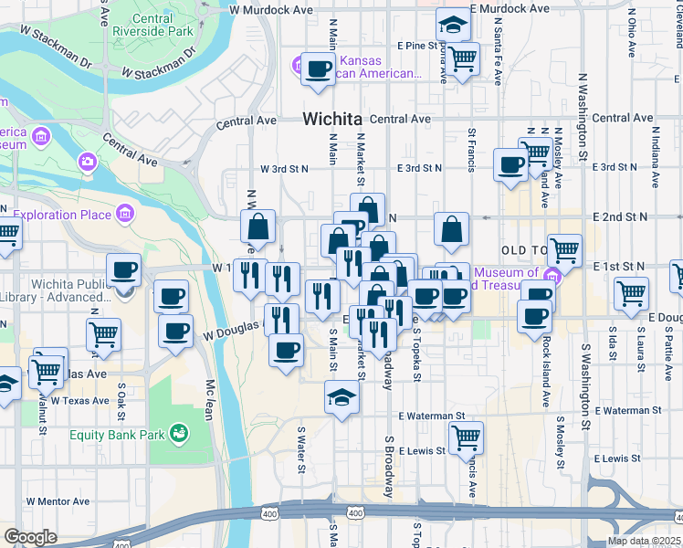 map of restaurants, bars, coffee shops, grocery stores, and more near 140 North Main Street in Wichita