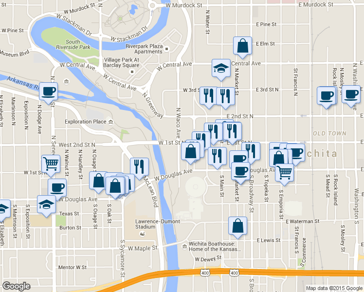 map of restaurants, bars, coffee shops, grocery stores, and more near 140 North Civic Center Place in Wichita