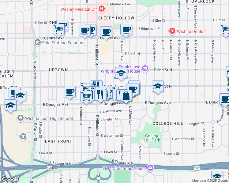 map of restaurants, bars, coffee shops, grocery stores, and more near 142 North Rutan Street in Wichita