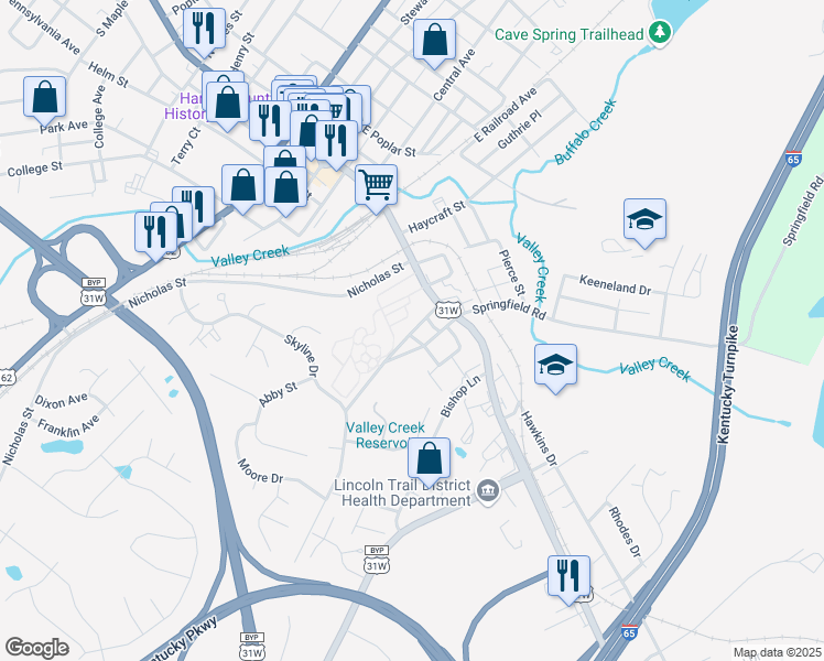 map of restaurants, bars, coffee shops, grocery stores, and more near South Crestwood Street in Elizabethtown