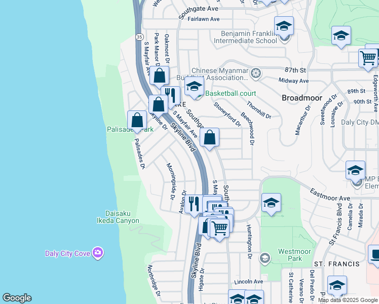 map of restaurants, bars, coffee shops, grocery stores, and more near 335 Skyline Drive in Daly City