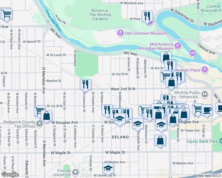 map of restaurants, bars, coffee shops, grocery stores, and more near 301 North Vine Avenue in Wichita