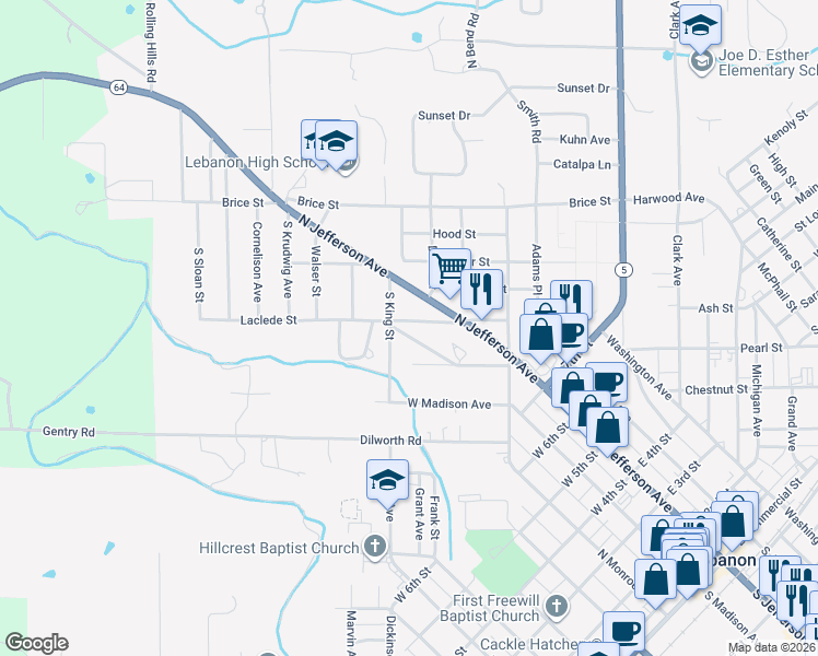 map of restaurants, bars, coffee shops, grocery stores, and more near 830 McGinnis Street in Lebanon