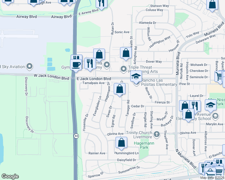 map of restaurants, bars, coffee shops, grocery stores, and more near 224 Garden Common in Livermore