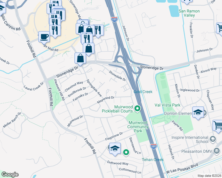 map of restaurants, bars, coffee shops, grocery stores, and more near 5174 Oakdale Court in Pleasanton