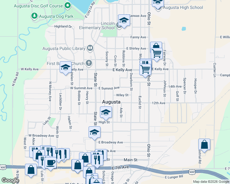 map of restaurants, bars, coffee shops, grocery stores, and more near 1221 Osage Street in Augusta
