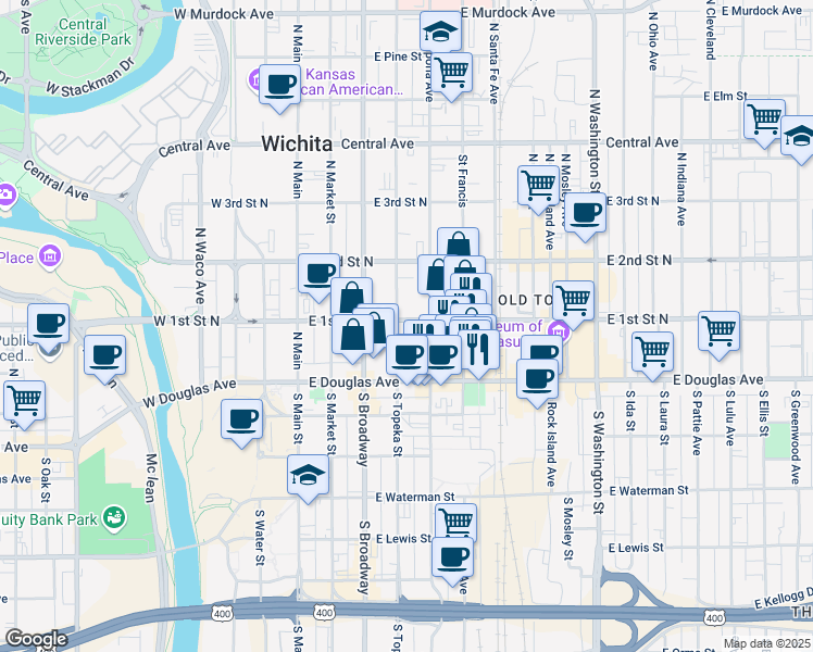 map of restaurants, bars, coffee shops, grocery stores, and more near 149 North Emporia Avenue in Wichita