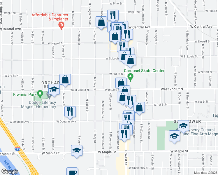map of restaurants, bars, coffee shops, grocery stores, and more near 4200 West 2nd Street North in Wichita