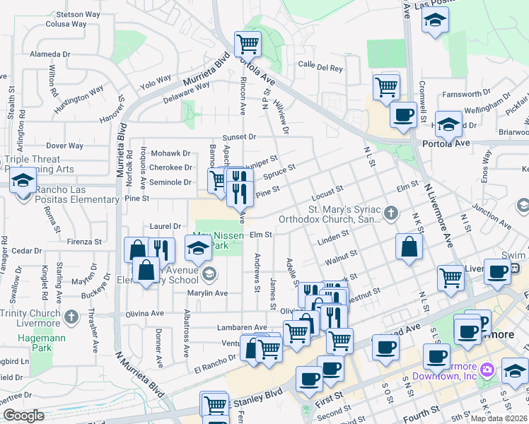 map of restaurants, bars, coffee shops, grocery stores, and more near 1244 Locust Street in Livermore