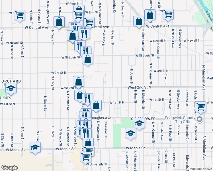 map of restaurants, bars, coffee shops, grocery stores, and more near 3536 West 2nd Street North in Wichita