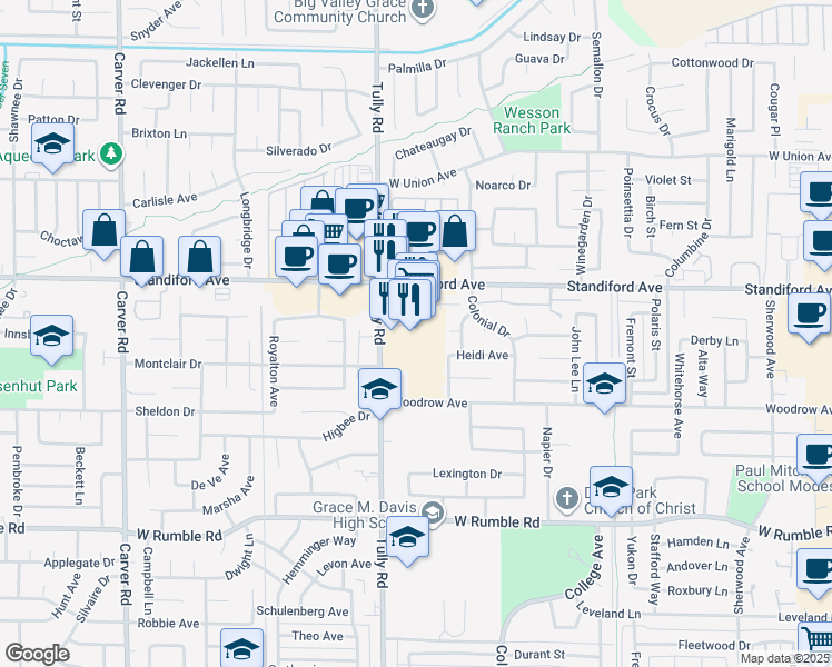 map of restaurants, bars, coffee shops, grocery stores, and more near 3430 Tully Road in Modesto