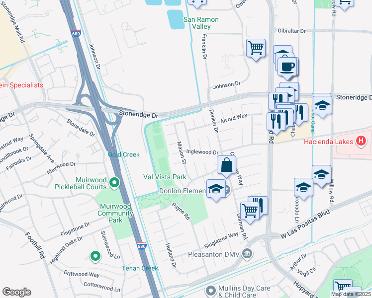 map of restaurants, bars, coffee shops, grocery stores, and more near 6586 Inglewood Drive in Pleasanton