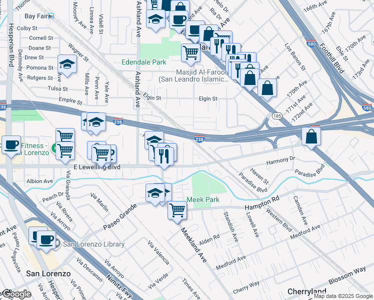 map of restaurants, bars, coffee shops, grocery stores, and more near 16826 Bar Avenue in San Lorenzo