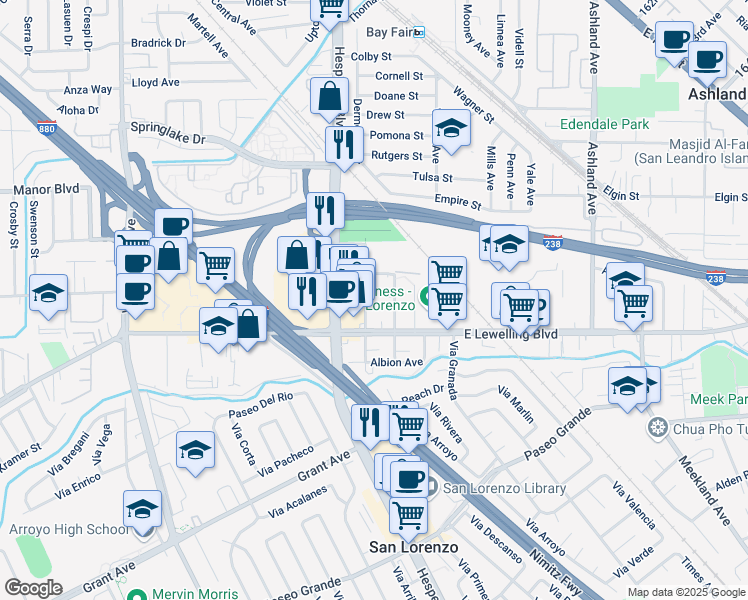 map of restaurants, bars, coffee shops, grocery stores, and more near 15570 Usher Street in San Lorenzo