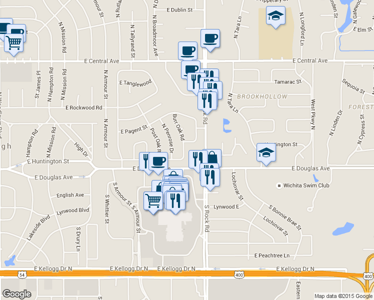 map of restaurants, bars, coffee shops, grocery stores, and more near 111 Burr Oak Road in Wichita