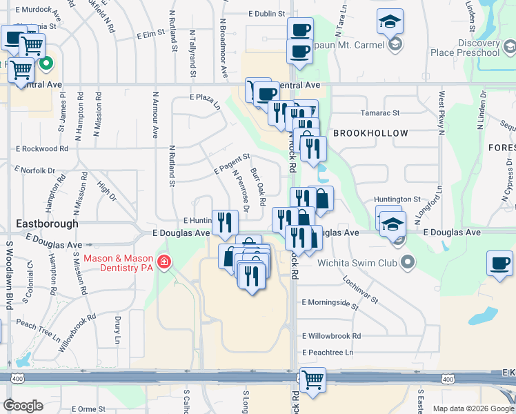map of restaurants, bars, coffee shops, grocery stores, and more near 111 Burr Oak Road in Wichita