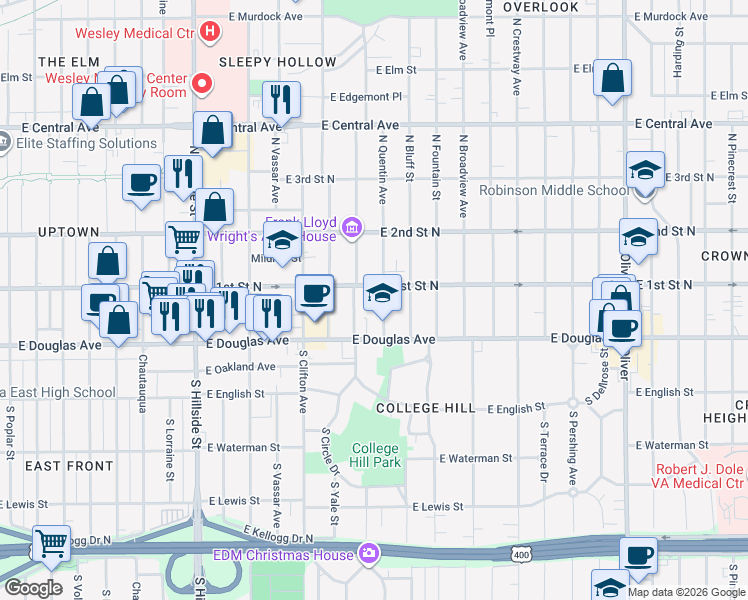 map of restaurants, bars, coffee shops, grocery stores, and more near 125 North Quentin Street in Wichita
