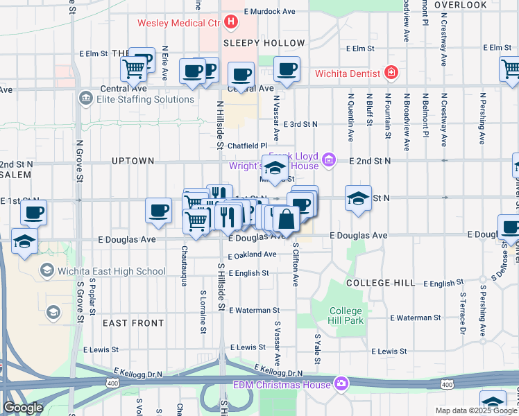 map of restaurants, bars, coffee shops, grocery stores, and more near 3412 Victor Place in Wichita